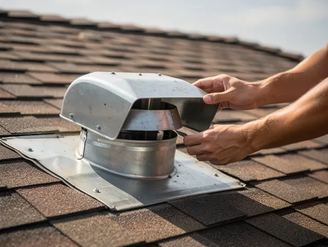 Euclid Dryer Vent Cleaning certified technician safely cleaning a roof-mounted dryer vent in Euclid